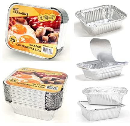 HOT BARGAINS Aluminium Foil Containers Size 2 with Lids, Pack of 100, 144 x 119 x 49mm, 950ml