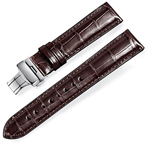 MUEN Echtes Krokodilleder Uhrenarmband mit Faltschließe, 12mm-24mm, Schwarz/Brauner Alligator Ersatz Uhren Zubehör Poliertes Uhrenarmband für Männer/Frauen