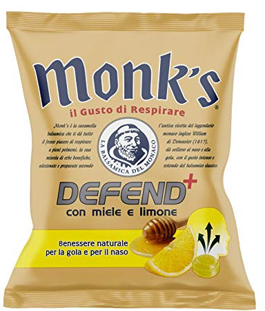 CARAMELLE BALSAMICHE MONK'S DEFEND+ CON MIELE E LIMONE RINFRESCA BUSTINA DA 46gr