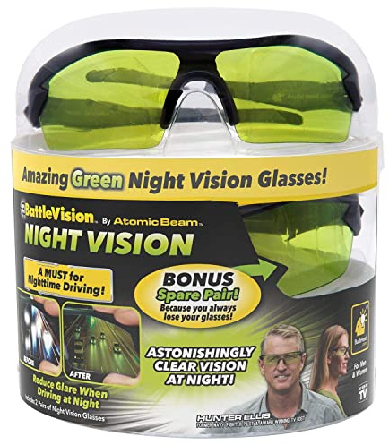As Seen On TV BattleVision Night Vision Glasses 2 Pairs by BulbHead - Amazing Night Driving Glasses Protect Eyes From Blinding Headlight Glare - Green Lenses Enhance Clarity - Flexible Frames