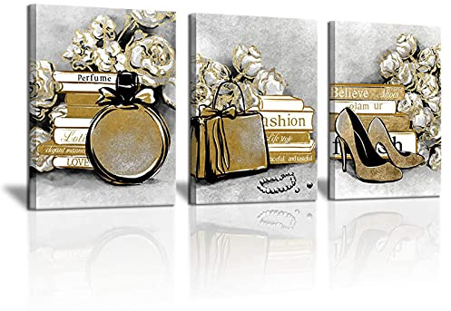 3 Stück Mode Frauen Leinwand Kunstdruck Vintage Gemälde Parfüm Handtaschen Schuhe Weiß Blume Poster Golden und Glam Wandbilder für Badezimmer Schlafzimmer Heimdekoration Geschenke 30,5 x 40,6