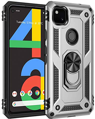 GOGME Hülle für Google Pixel 4A 4G (5.81), 360 Grad Drehbar Ring Stand [Kompatible Magnetische Autohalterung] Schutzhülle, Dual Layer Silica TPU + Harter PC Handyhülle. Silber