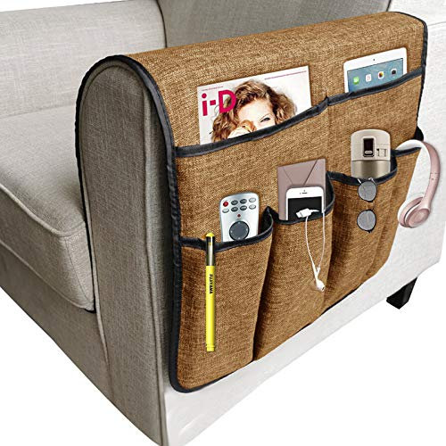 JIAHG Sofa Armlehne Organizer Betttasche Baumwolle Couch Stuhl Aufbewahrungstasche Anti-Rutsch Nachttisch Tasche Sofa-Bett Hängeaufbewahrung für Buch, Zeitschriften, Handy, Fernbedienung