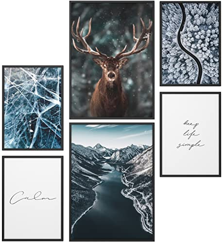 Papierschmiede® Mood Poster Set Eiszeit, Gerahmte Bilder (Rahmen: Material und Farbe wählbar), Wohnzimmer Deko Wandbilder Schlafzimmer, 2x A3 und 4x A4, Elch Winter Schnee Blau