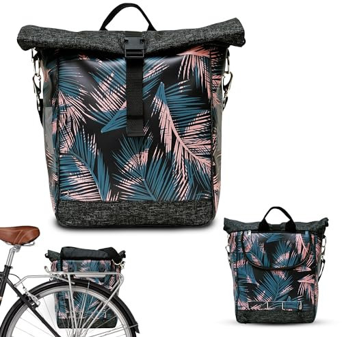 Ikuri Fahrradtasche für Gepäckträger Satteltasche Einzeltasche Packtasche, abnehmbar, mit Tragegurt zum Umhängen, aus Plane, Unisex, Wasserdicht - Modell Retro Palma