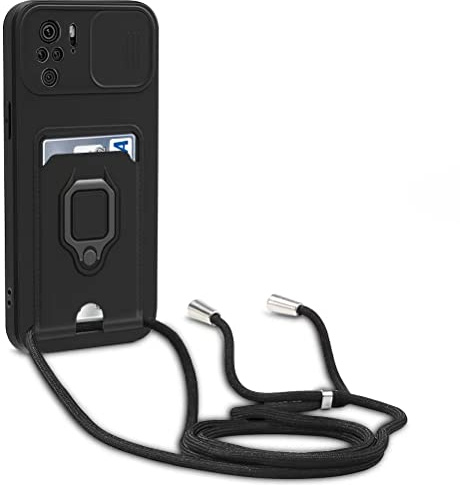 yanasuo Schiebe Kameraschutz Silikon Handykette Hülle kompatibel mit Xiaomi Redmi Note 10 4G/ Note 10S, Metall Ring Halter Handy Cover,Verstellbarer Halskette Handyhülle-Schwarz