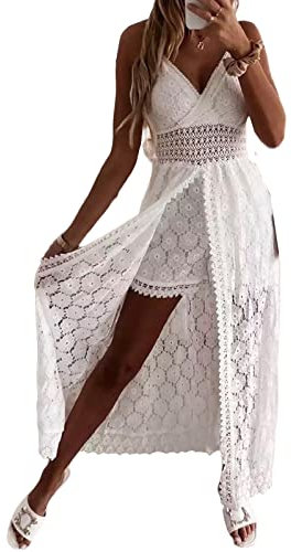 Himllauen Combinaison Femme Évidée Décolleté Col en V Profond sans Manche Combi-Short avec Jupe Longue Fendue Tricotée en Bretelle Jumpsuit Chic Sexy Grand Taille Voyage (Blanc, M)