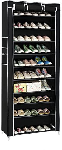 BALLSHOP Schuhschrank 58x28x158cm Schuhregal mit 10 Ebenen Shoe Rack Schuhaufbewahrung mit Staubdichtem Überzug für High Heels Sportschuhe (Schwarz)