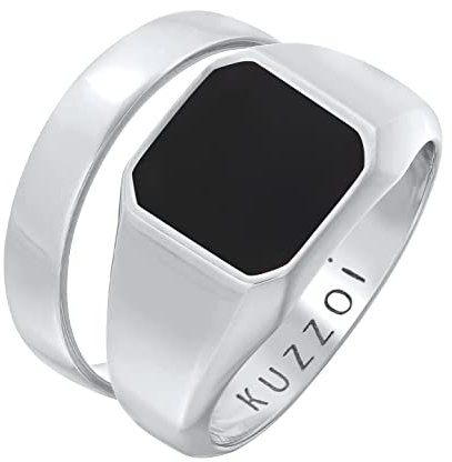 Kuzzoi Herrenringe, Siegelring mit Emaille (12 mm) und Klassischer Bandring (4.5 mm) in 925 Sterling Silber, 2 Silberringe für Männer, Ring Set Herren, Ringgröße 62, 0606961022_62