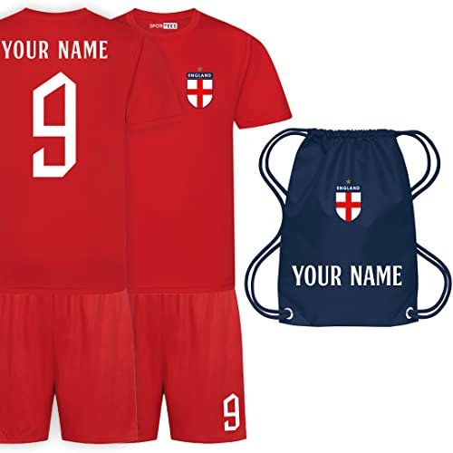 Sportees Personalised England Cup Style Red England Away Football Kit with Free Bag for Boys and Girls - 12/13 Years
