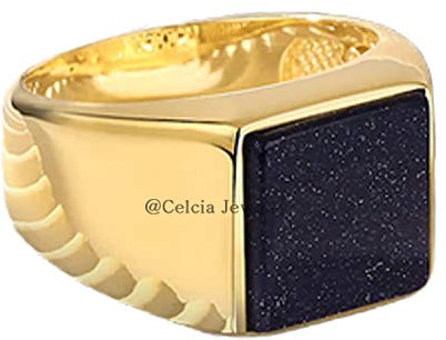 Blue Sunstone Genuine 12MM Gemstone Ring, 18K Gold Plated 925 Sterling Silver Designer Handmade Jewelry for Men, Turkish Arabic Style Ring for Him, Signet Ring (blue-sunstone (yellow)