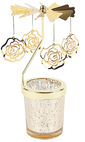 Surakey Chandelier Bougeoir Moderne Or Métal Carrousel Bougeoir Transparent Verre Support de Bougies Chauffe 4 Bras 360° Rotatif Chandelier de Table Maison Décor Noël Mariage Dîner Fête Cadeaux (Rose)