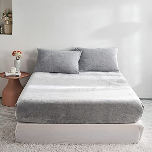 Damier Winter Spannbettlaken 200x200cm Grau Flauschige Warme Samt Bettlaken Teddy Plüsch Spannbetttuch Geeignet für 30cm Matratze