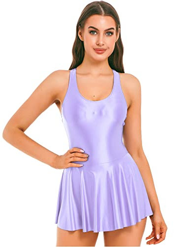 IEFIEL Robe De Bain Femme Mini Robe Plissée Débardeur Dos Nager Robe Courte pour Sport Yoga Fitness Patineuse Trapèze Robe Danse Patiange Lilas S