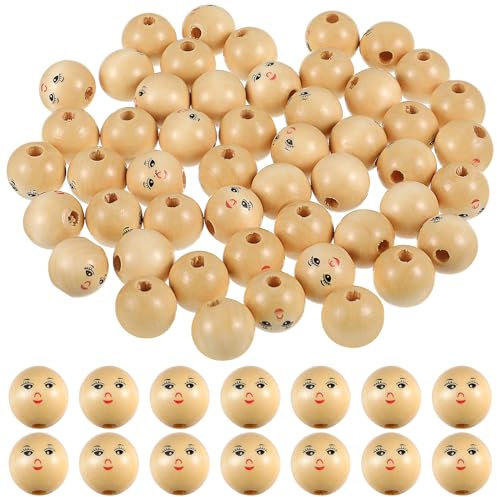 MAGICLULU 50 Stück Holzperlen mit Gesicht Holzperlen 18mm Runde Holzperlen Natur Holzkugeln mit Loch Lächelndes Gesicht Holzperlen Natur Holzköpfe für Sorgenwürmchen DIY Schmuck Herstellung Basteln