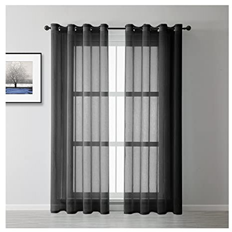 Lieson Halbtransparente Gardinen Vorhänge 2er Set, Polyester Vorhang Lichtdurchlässig mit Ösen Gardinen Wohnzimmer Schlafzimmer Schwarz 96x160CM
