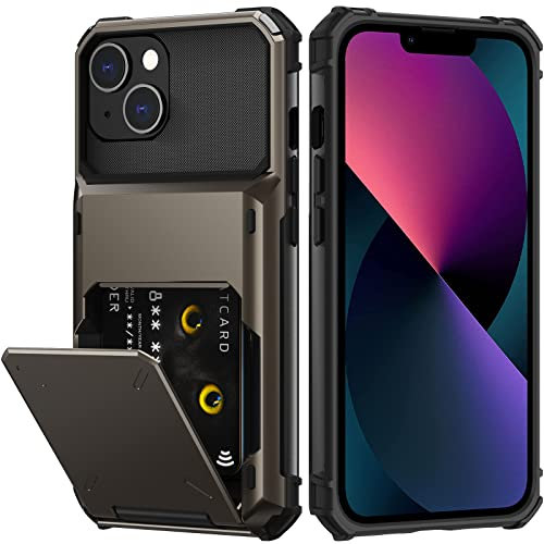 Nvollnoe for iPhone 13 Phone Case with Card Holder[Store 5 Cards] Dual Layer Heavy Duty Shockproof iPhone 13 Wallet Case with Hidden Card Slot Large Storage Case (Gunmetal)