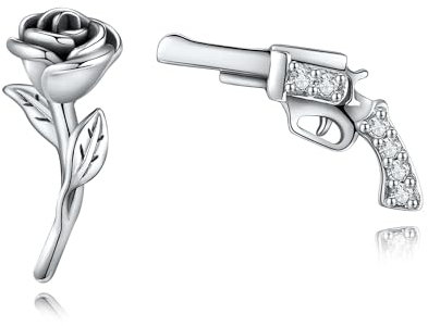 ONEFINITY Gun and Rose Earrings 925 Sterling Silver Rose Flower Stud Earrings Pistol Revolver Gun Earrings Punk Rock Jewellery For Women