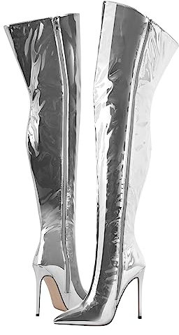 blingqueen Overknee Stiefel Damen Stiletto Lack Boots Metallic Silber 42 EU