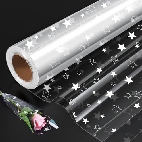 Rouleau de cellophane transparent imprimé avec étoile, 80 cm x 30 m, rouleau de cellophane pour paniers, biscuits de Noël, cadeaux, paquets de Pâques.