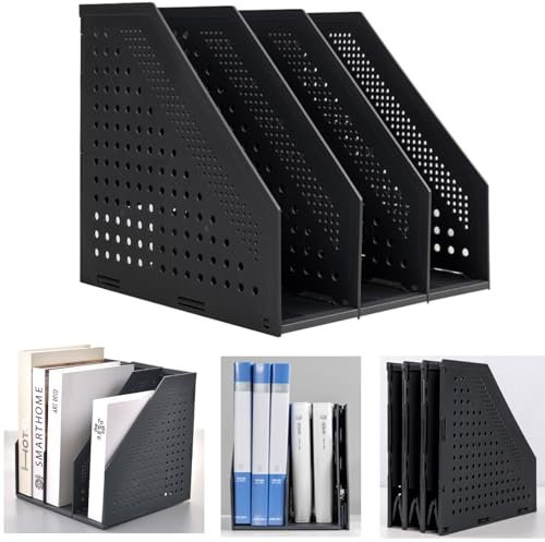 Marte Vanci Collapsible Magazine File Holder Desktop File Binder Organiser Lever Arch File Holder Paper Book Document Divider Adjustable for Desk Bookshelf Cabinet Racks(Black 3 Compartment)