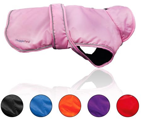 Hugglepets Arctic Armour Waterproof Thermal Dog Coat - Pink (Small 35cm) Reflective Microfleece-Lined Coat for Small Dogs with Adjustable Hook & Loop Fastening & Zipper for Harness or Collar.