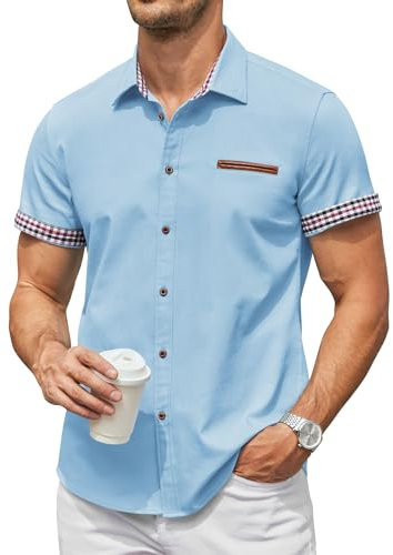 COOFANDY Chemise d'Été Homme Manches Courtes - Chemise Casual Chic en Coton, Idéale pour Bureau/Voyage, Style Western Élégant Bleu Clair-B M