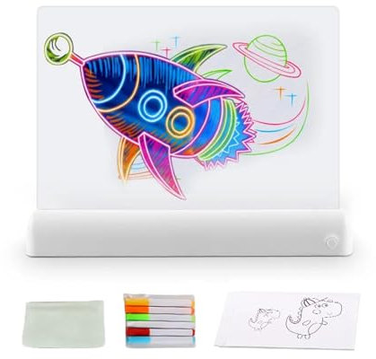 Meichoon 3D-Zeichentafel mit 6 Markern und Reinigungstuch, 7 Farben, Lichtwechsel, löschbar, Acryl, Memo-Tablet, geeignet für Partys und Geschäfte, Weiß
