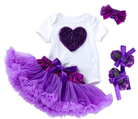 Generisch Maglietta a maniche corte neonata ragazza cuore ricamo manica corta tutù tutù tulle gonna calzini scarpe san valentino vestito set rosso vestiti, Lilla, 3-6 Mesi