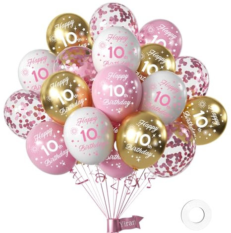 Yiran Luftballons 10 Jahre Geburtstag Deko, 16 Stück Geburtstag Deko 10 Jahre Mädchen, Happy Birthday Deko Luftballon Weiß Rose Gold, Deko 10 Geburtstag Konfetti Luftballons, Birthday Party Deko
