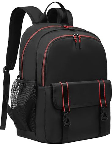 KUI WAN Rucksack für Damen und Herren, 43,2 cm, klassische Nylon-Büchertasche mit mehreren Taschen, lässiger Tagesrucksack für Uni, Arbeit, Reisen, Schwarz-roter Reißverschluss, 17*13*7 inches,