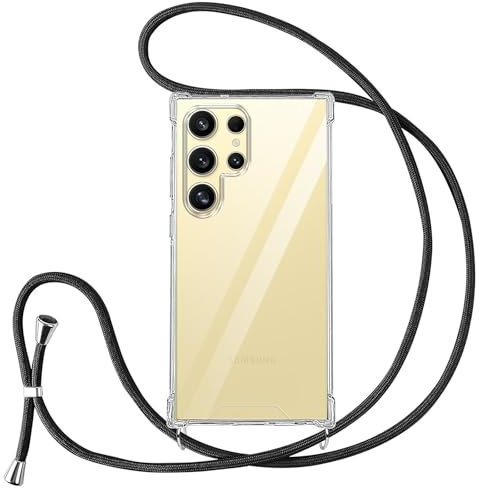Vauki Funda con Cuerda para Samsung Galaxy S24 Ultra, Carcasa Transparente PC+TPU Suave Silicona Correa Colgante Ajustable Collar, Protección Case con Cordón para Samsung S24Ultra