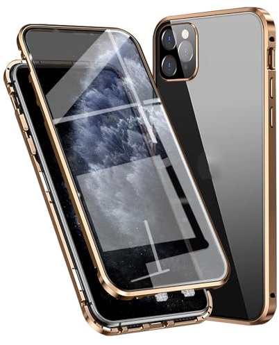 Dqtaoply for iPhone 11 Pro Max Case, 360° Front and Back Privacy Tempered Glass Cover Anti SPY Screen Magnetic Adsorption Metal Bumper Shockproof Phone Case for iPhone 11 Pro Max - Gold