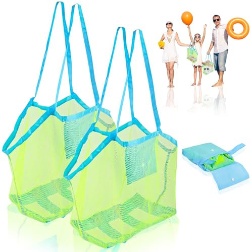 Strandspielzeug Tasche, 2 Stück Sandspielzeug Netztasche, Strandtasche Strandspielzeug, Groß Strandtasche kinder Faltbare mit Fächertaschen, geeignet für Pool, Strand, Reisen