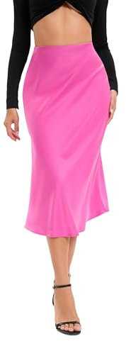 Oyamiki Gonna da donna in raso a vita alta con volant nascosta elasticizzata in vita estiva svasata setosa fluida gonna longuette lunga a trapezio, Rosa, L