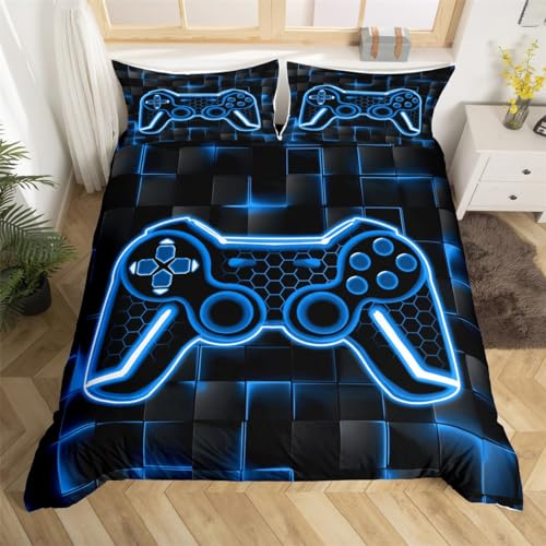Loussiesd Geometrische Gamer Bettwäsche Set 135x200cm Blau und Schwarz Bettwäsche Set Gaming für Jungen Teens Kinder Geometrie Honeycomb Ombre Bettbezug Set Quadratische Tröster Bettwäsche Weich