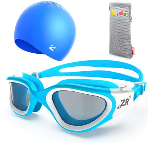 ZIONOR Schwimmbrille Kinder Badekappe, G1MINI Polarisiert Anti Nebel UV-Schutz Schwimmbrille für Mädchen und Jungen (Jahre 8-14) (Blaue Badekappe, Blau-Rauch polarisiert)