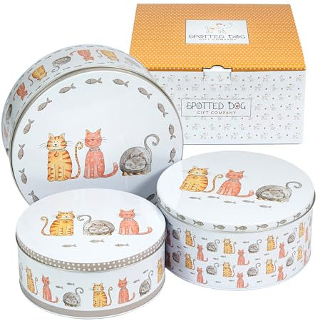 SPOTTED DOG GIFT COMPANY Cake Tin Storage Set of 3, Round Nesting Cake Tins for Storing Cakes & Biscuits, Stackable Airtight Biscuit Containers, Cute Cat Themed Gifts, Large Medium Small