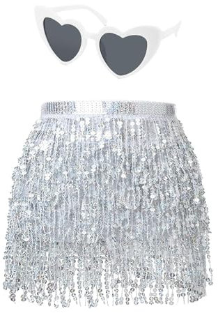 Damen Pailletten Rock Quaste Glitzerrock Hüft Pailettenrock Rave Röcke Gläser Set Fransenrock für Tanz Club Halloween Kostüm (DE/NL/SE/PL, Alphanumerisch, Einheitsgröße, Regular, Regular, Weiß)