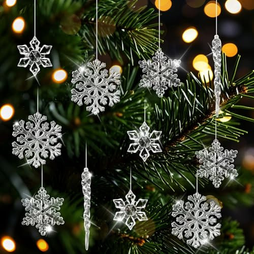 18PCS Christmas Decoration Crystal Ornaments - Acrylic Clear Hanging Crystal Christmas Snowflake Icicle Drop with Crystal Line Ornaments Set for Christmas Party Decorations (Style A)