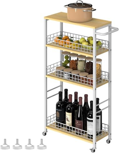 Nandae Carrello da cucina a 4 livelli, stretto, carrello di nicchia su ruote con piano in legno, mensola da cucina e mensola da bagno per piccoli spazi, cucina, bagno, ufficio