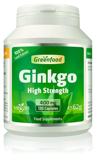 Greenfood Ginkgo Biloba, 400 mg Leaf Extract, high dose (24% flavones), 120 Capsules, with Vitamin B5 - revitalizes Tired Gray Cells. Without Artificial additives. Without Genetic Technology. Vegan.