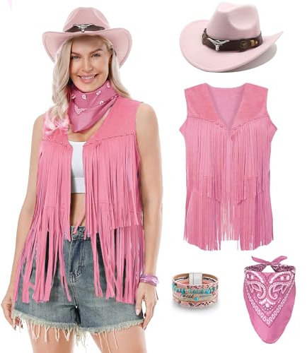 Dzorim Western Cowgirl Costume for Women Cowboy Tassel Vest for Women Hat Dress Bandana Bracelet (Pink, S)