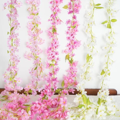 HUAESIN 6 Stück Blumengirlande Künstliche Kirschblüten Girlande 1,8m Blumengirlande Deko Kunstblumen Girlande Blumenranken Künstlich Hängend Blumen für Hochzeit Fahrrad Wand Balkon Garten(3 Farben)