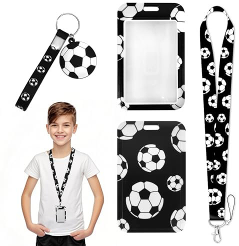 Porte carte avec cordon, soft football pattern lanière noire confortable ID clip pour bus école croisière avec porte - clés de football noir