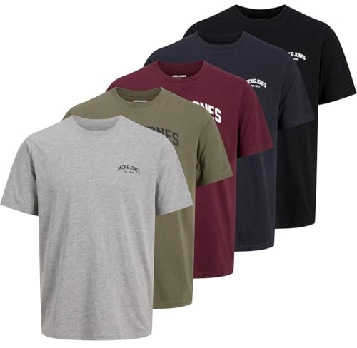 JACK & JONES Mens 5 Pack Short Sleeve T-Shirt Black/White/Navy/Green/Blue M