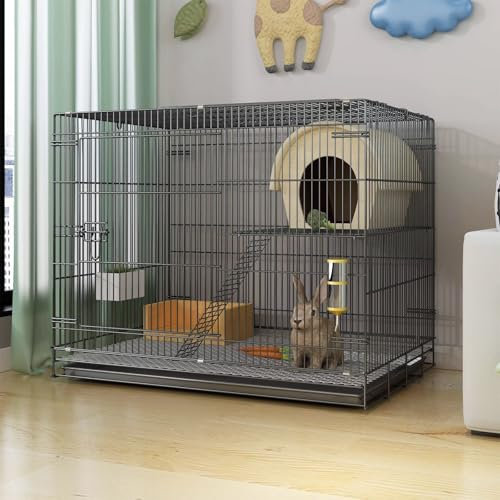 Cage Lapin Intérieur 2 Etage, Structure de Cryptage Métallique, Le Dessus Peut Être Ouvert, avec Plateau, Nid en Paille, pour Petits Animaux(Black,60 * 40 * 50cm)