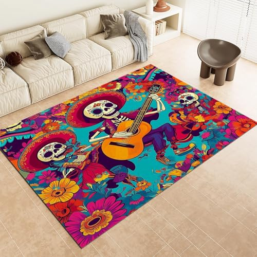 Teppich 60 x 120 cm für Wohnzimmer Schlafzimmer Bunt Mikrofaser Dekorative Teppich Indoor Bodenmatte für Erwachsene Tag der Toten Traditionelles Mexiko Totenkopf Rutschfester Niedrigem Flor