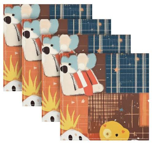 Doodle Cartoon Plaid Cute Cloth Dinner Napkins Pattern Reusable Dinner Napkins Napkins Cloth Washable Wrinkle Free Home Restaurant Cloth Napkins Cloth Napkins Set of 4 50.8 x 50.8 cm