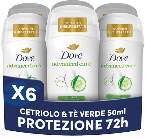 Dove Deodorante Stick Go Fresh Cetriolo e Tè Verde, Deodorante Antitraspirante, Protezione Fino a 72 Ore, con Pro-Ceramide Technology e Ingredienti Idratanti, Deodorante Uomo e Donna, 6 Pezzi da 50ml